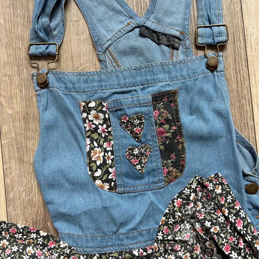 Topshop Denim Dress with Floral Accents and Overall Straps